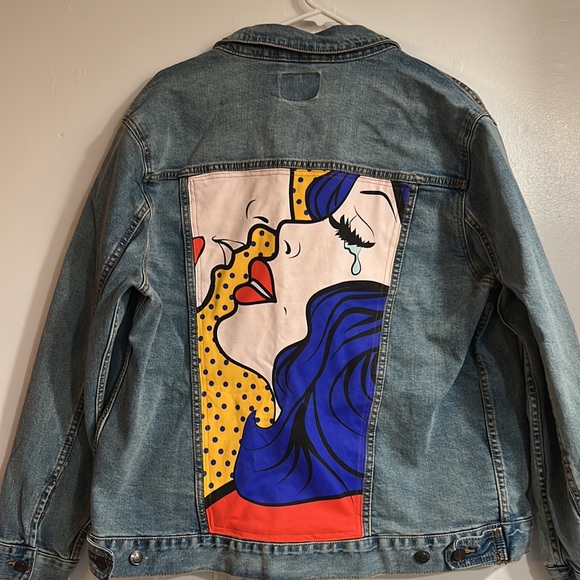 Pop Art Print Back Trucker Denim Jacket Size L (Previously Owned) - Picture 1 of 2